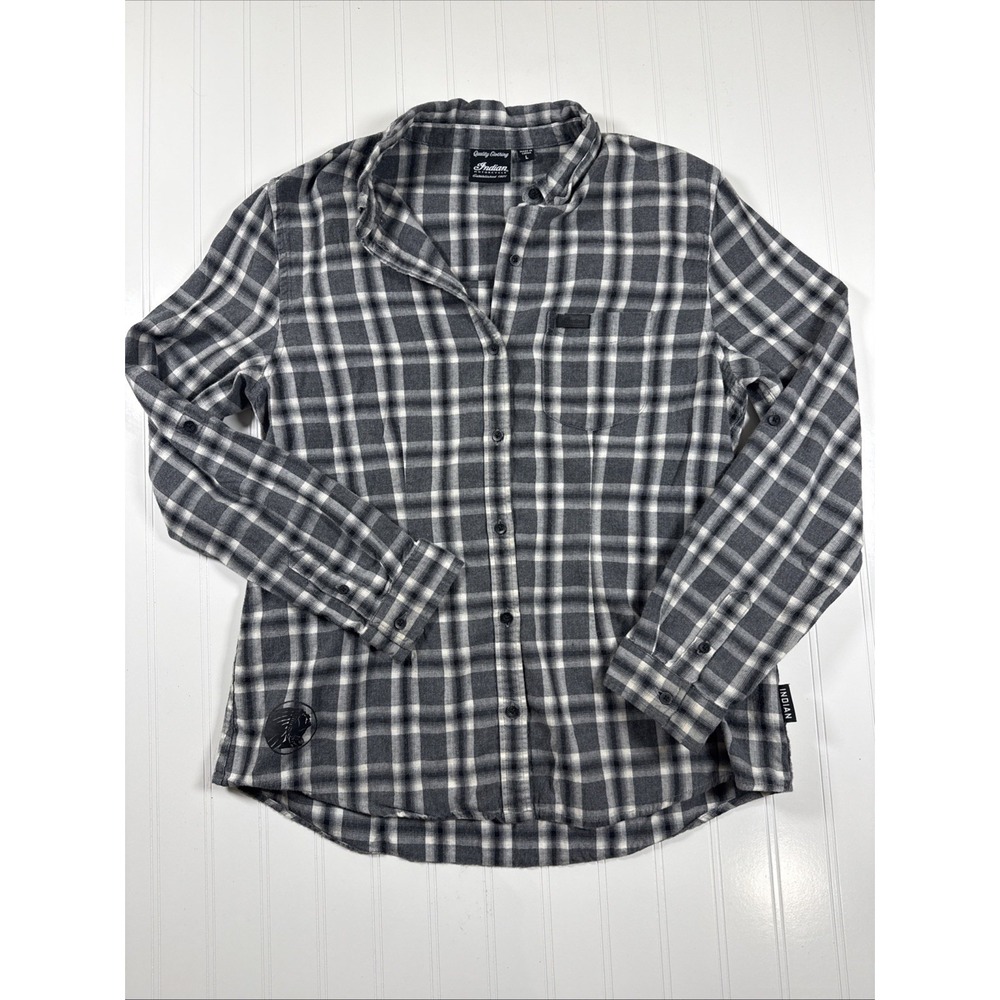 Indian Motorcycles Mens Long Sleeve Button Up Shirt Plaid Flannel Gray Size L